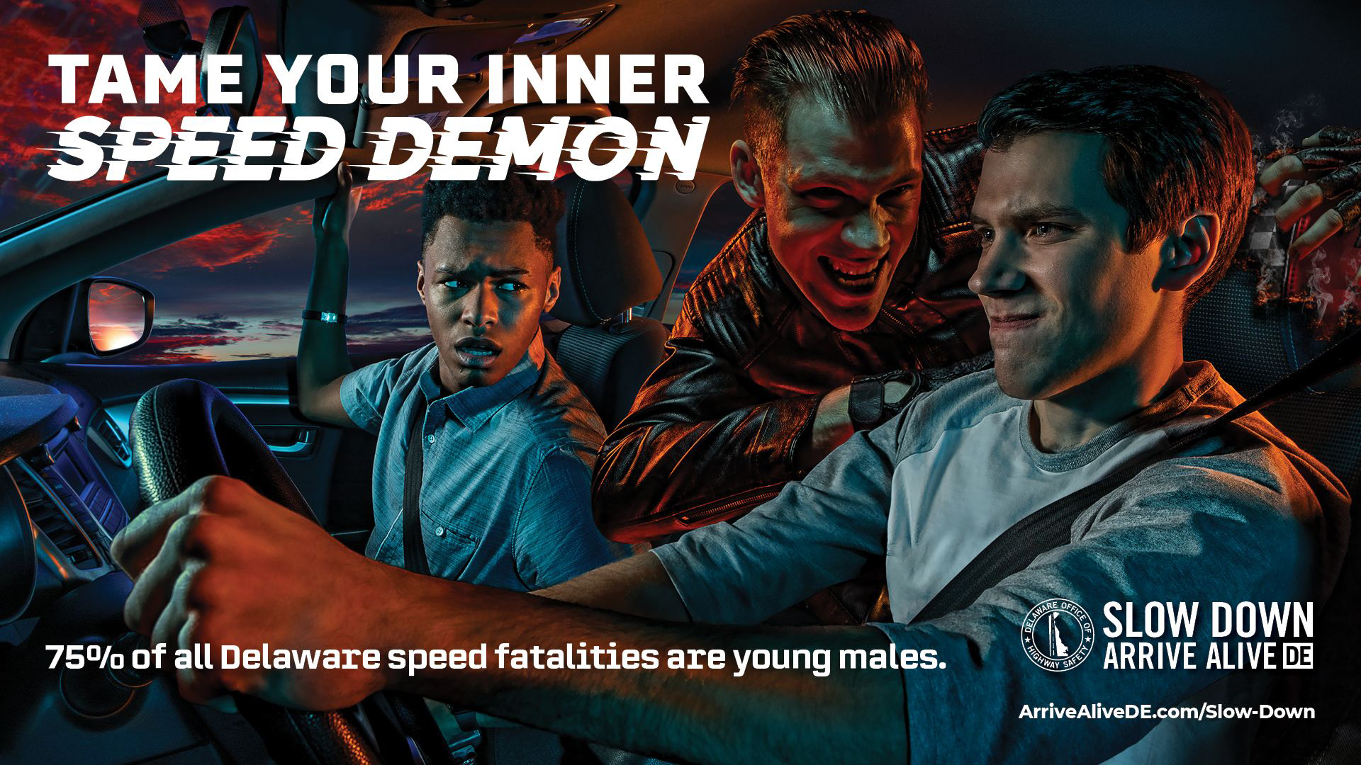 teenagers in a car, speeding with one teenager looking possessed.